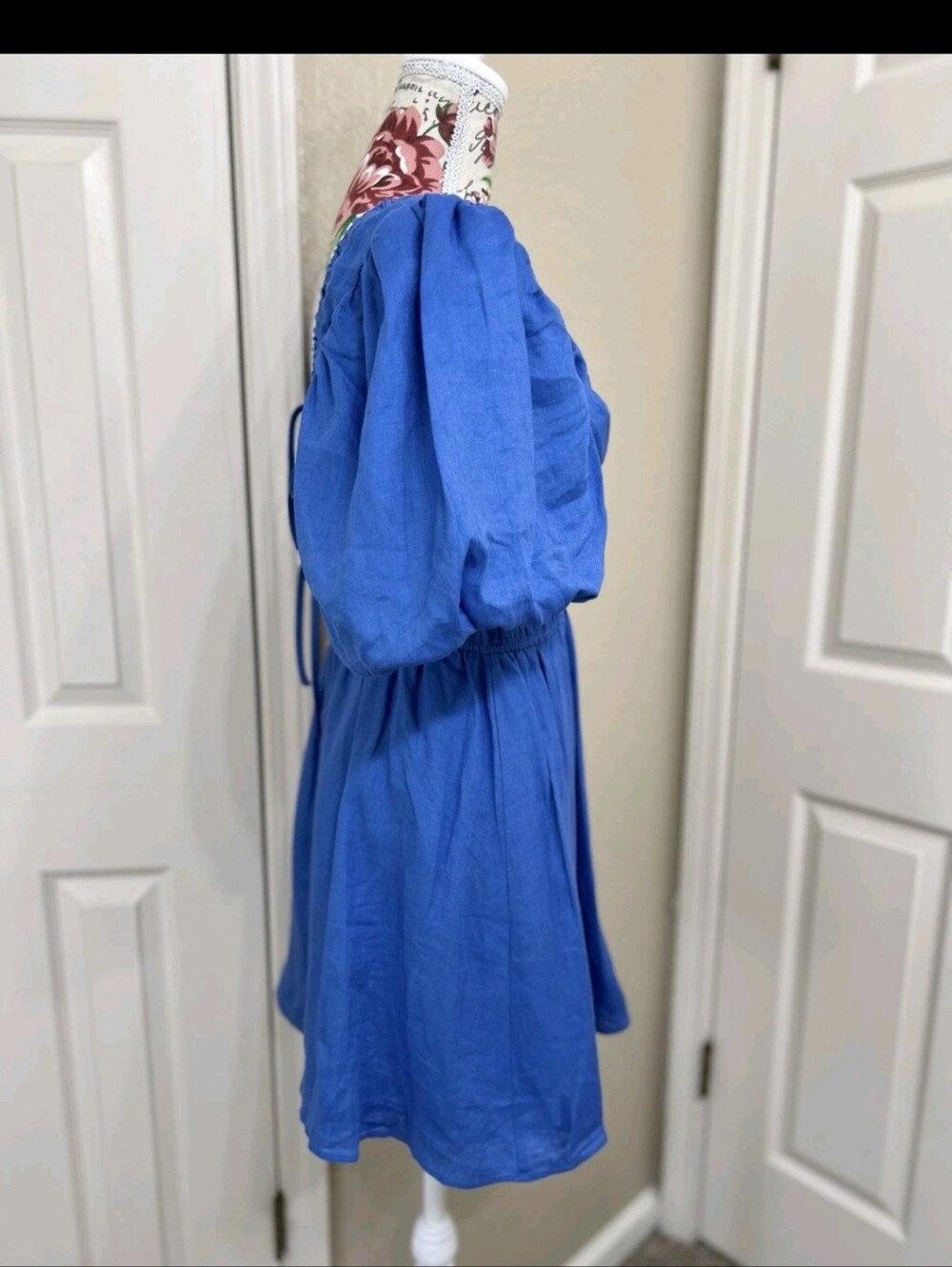 Amalie The Label Khalia Linen Plunge Puff Sleeve Mini Dress, Blue Size 0 - Picture 12 of 12